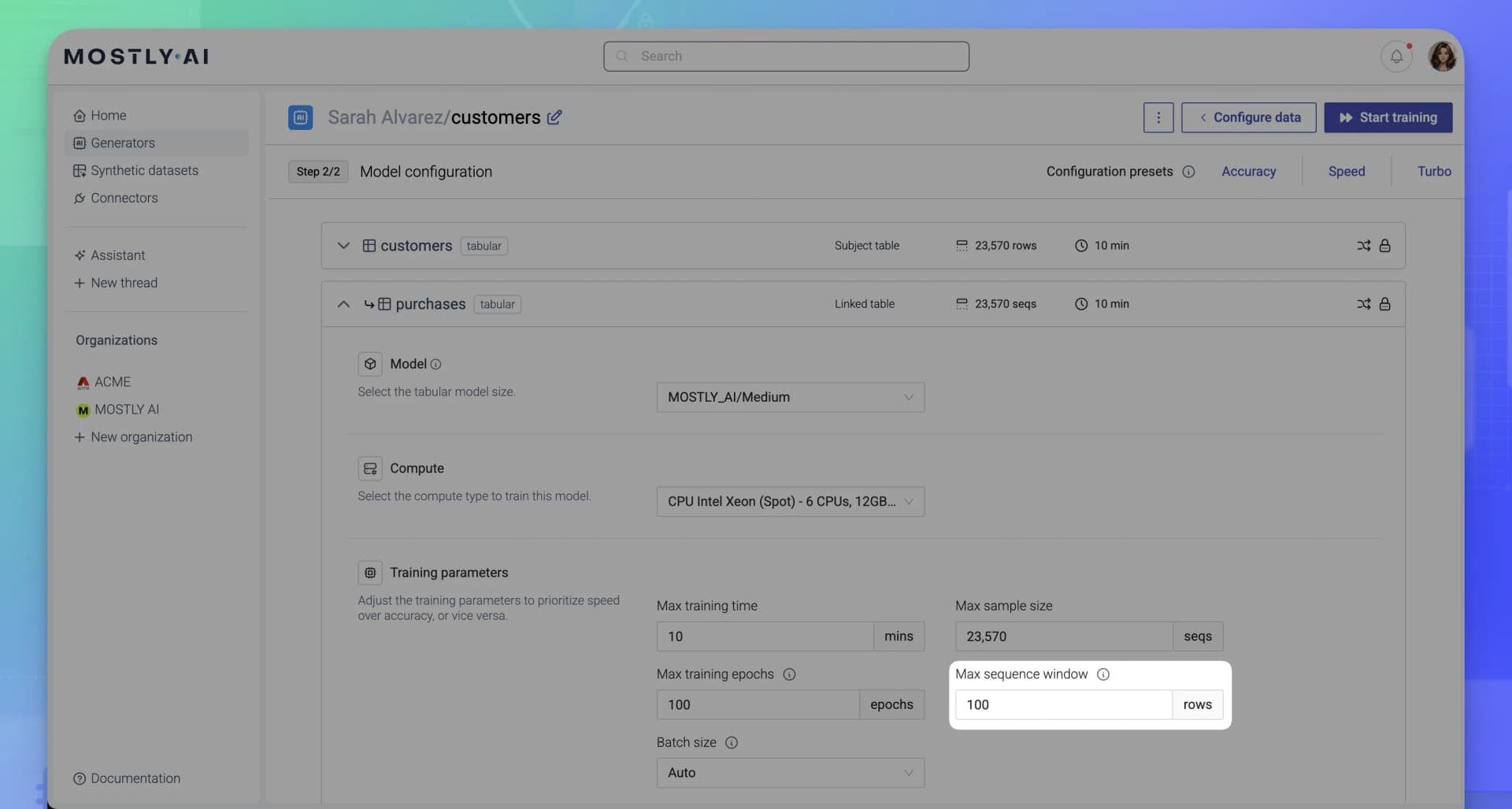 MOSTLY AI - Generator configuration - Adjust Max sequence window