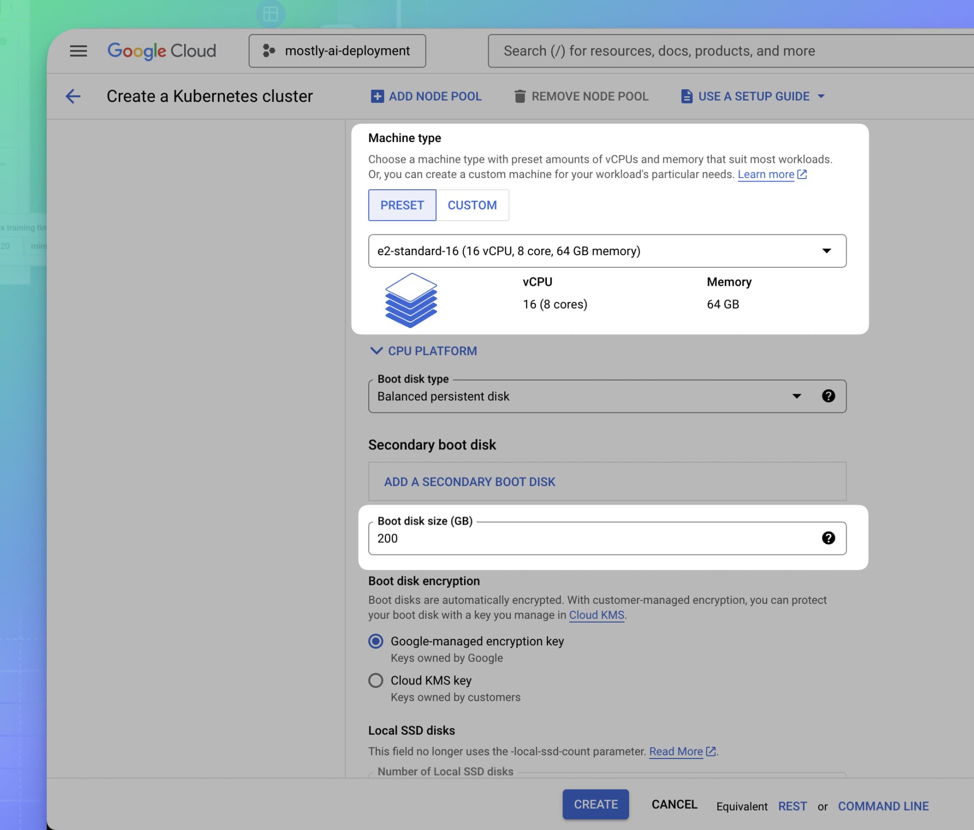 Google Cloud GKE - Configure compute and disk space